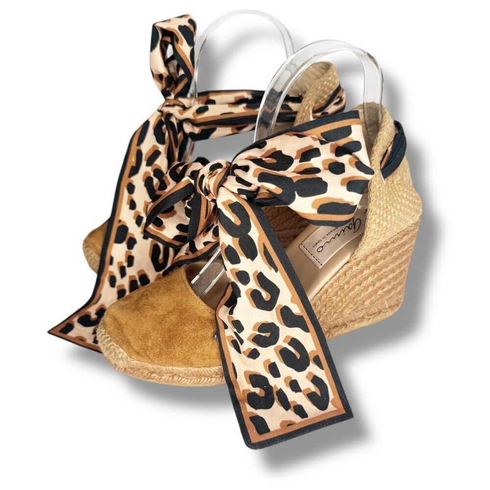 Gaimo Suede Wedge Toned Leopard Print Wrap Around Ankle Tie Spain Women’s Sz 6.5